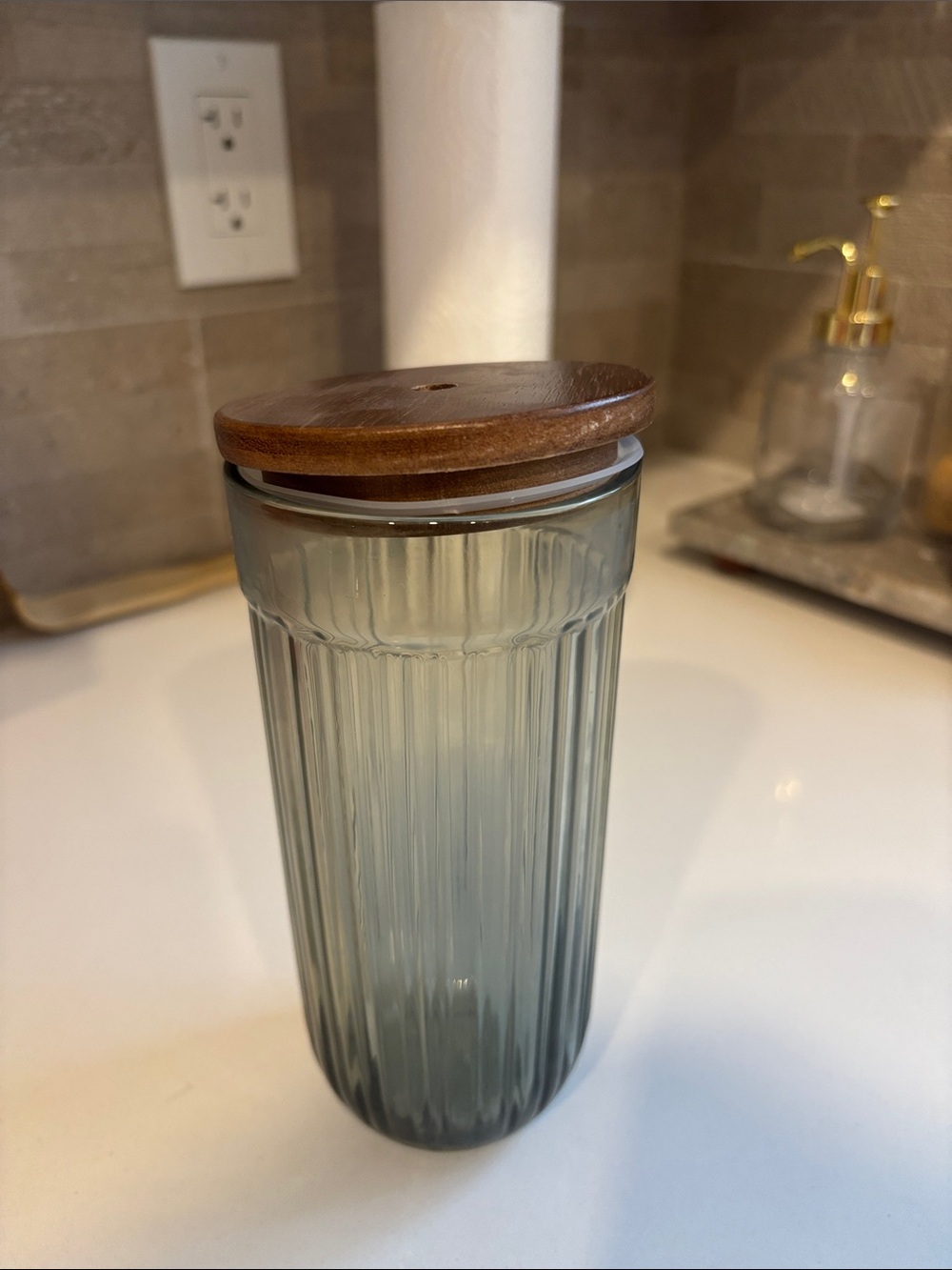 Hearth & Hand Ribbed Glass Canister with Wooden Lid - Smoke